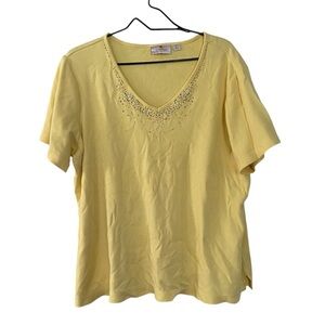 Quacker Factory Yellow Rhinestone Cotton T Shirt Women’s Size XL Short Sleeves